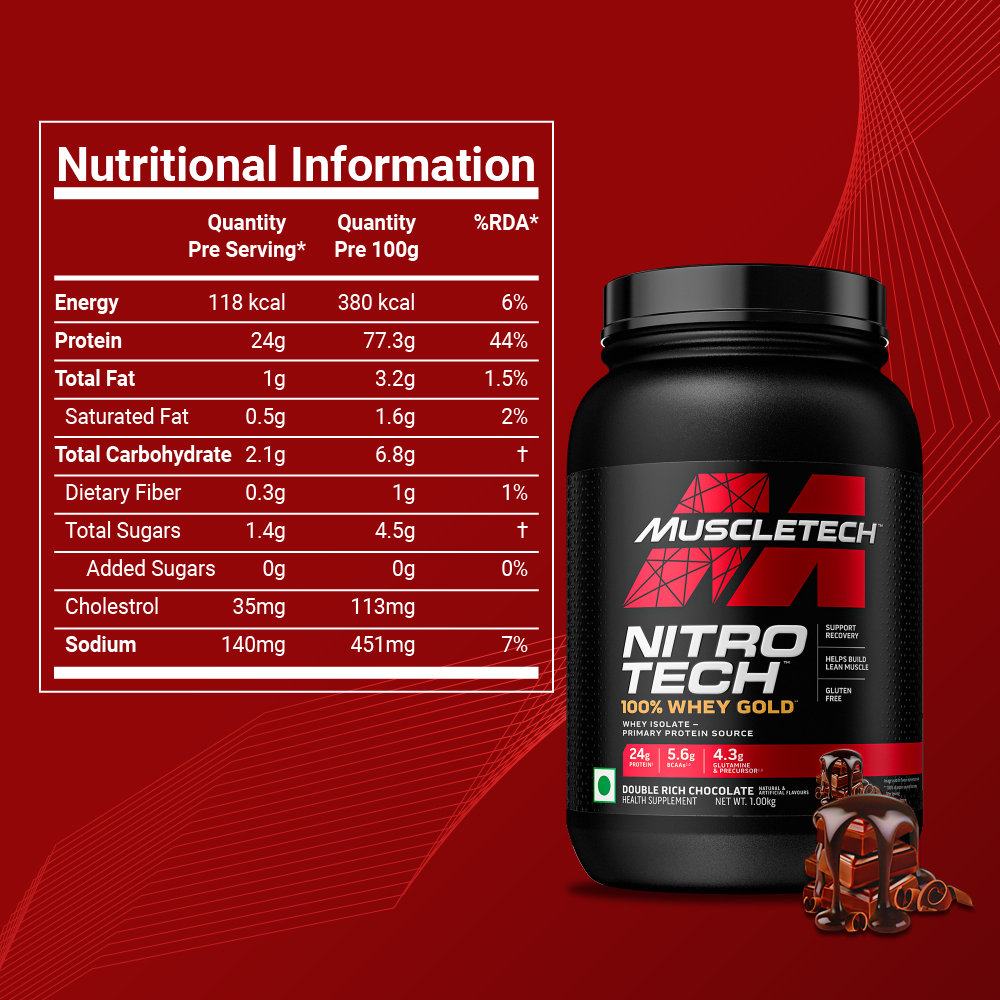 Muscletech Nitrotech 100% Whey Gold Double Rich Chocolate Flavour Powder, 1 kg, Pack of 1 Muscletech Nitrotech 100% Whey Gold Double Rich Chocolate Flavour Powder, 1 kg, Pack of 1