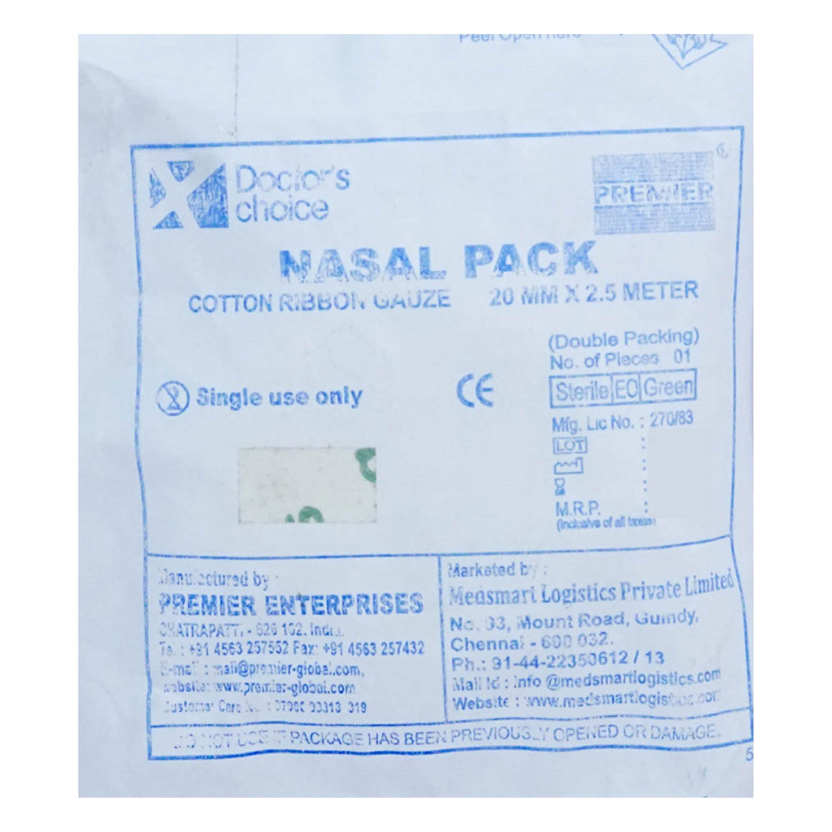 Doctor's Choice Disposable Sterile Nasal Pack 20 mm x 2.5 m, 1 Count, Pack of 1 Doctor's Choice Disposable Sterile Nasal Pack 20 mm x 2.5 m, 1 Count, Pack of 1
