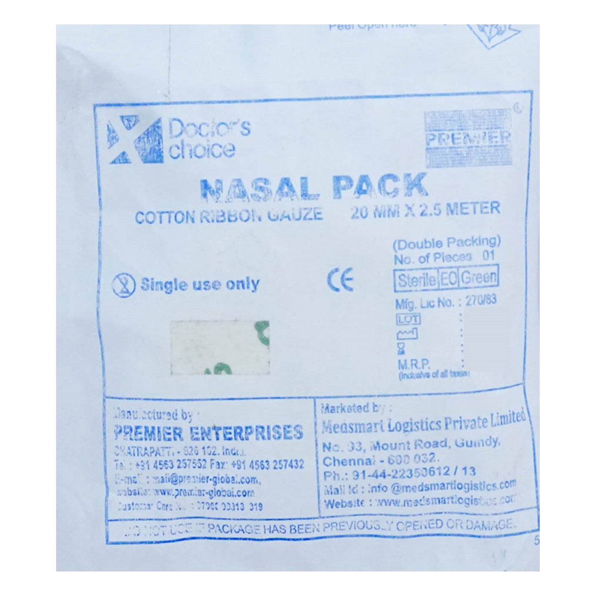 Doctor's Choice Disposable Sterile Nasal Pack 20 mm x 2.5 m, 1 Count, Pack of 1 Doctor's Choice Disposable Sterile Nasal Pack 20 mm x 2.5 m, 1 Count, Pack of 1