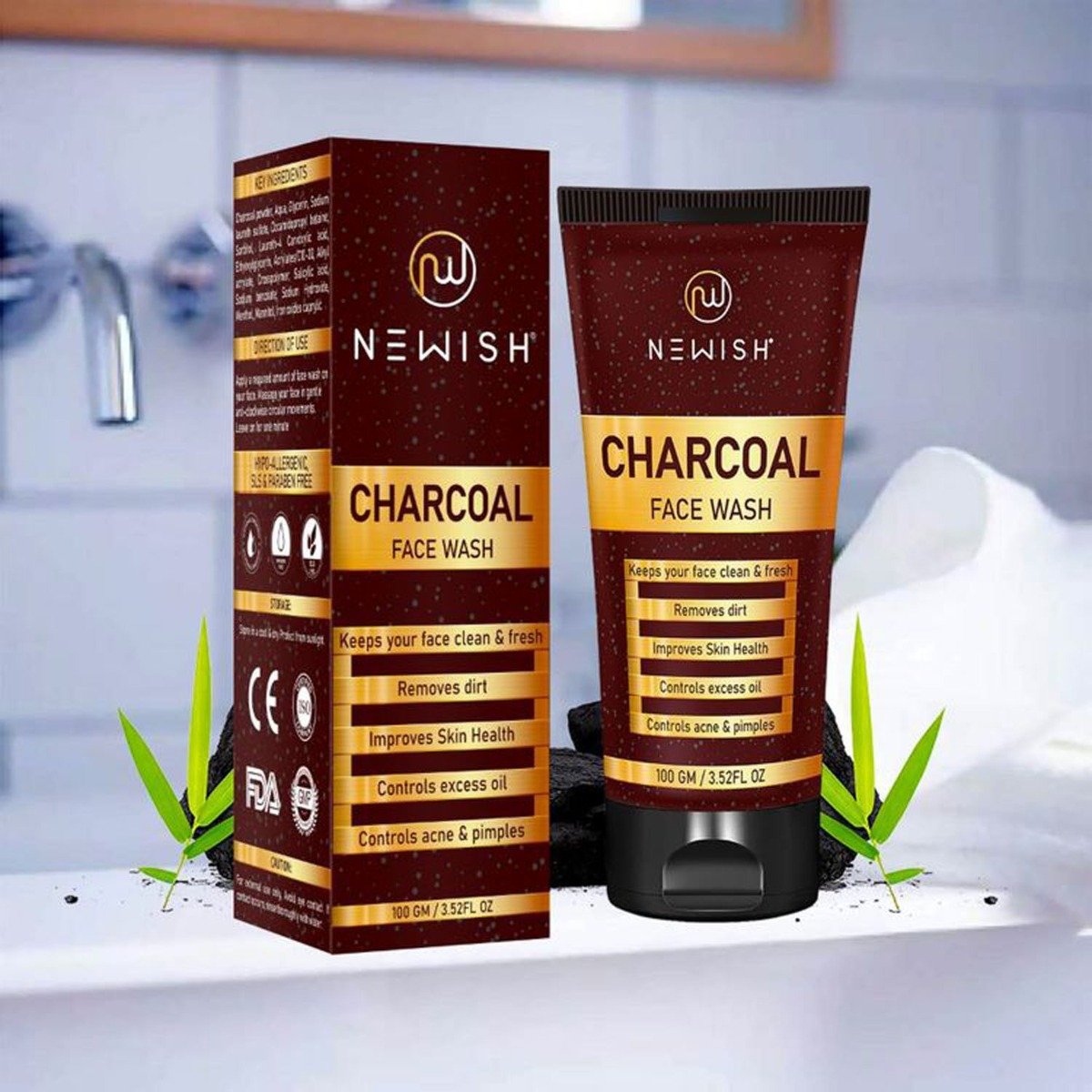 Newish Charcoal Face Wash 100 gm | Controls Excess Oil, Acne & Pimple | Keep Face Clean, Fresh & Healthy, Pack of 1 Newish Charcoal Face Wash 100 gm | Controls Excess Oil, Acne & Pimple | Keep Face Clean, Fresh & Healthy, Pack of 1