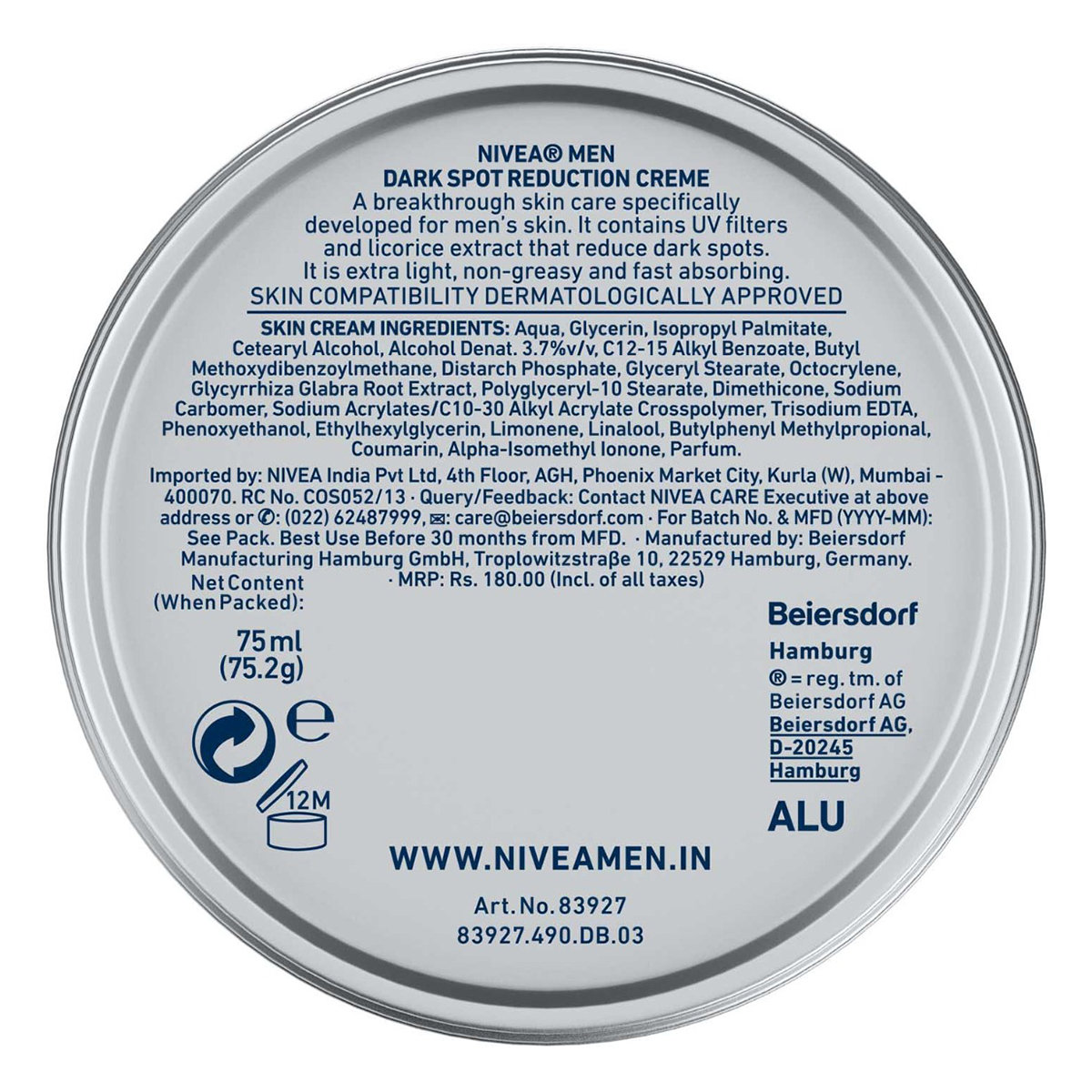 Nivea Men Dark Spot Reduction Creme 75 ml | Licorice Extract | Reduce Dark Spots | Non Greasy | For Men Only | For All Skin Type, Pack of 1 Nivea Men Dark Spot Reduction Creme 75 ml | Licorice Extract | Reduce Dark Spots | Non Greasy | For Men Only | For All Skin Type, Pack of 1