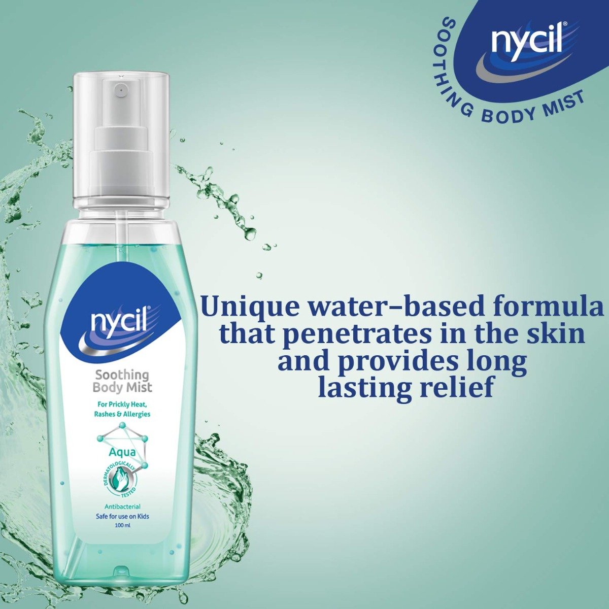 Nycil Aqua Soothing Body Mist 100 ml | For Prickley Heat, Rashes & Allergies | Antibacterial Formula, Pack of 1 Nycil Aqua Soothing Body Mist 100 ml | For Prickley Heat, Rashes & Allergies | Antibacterial Formula, Pack of 1