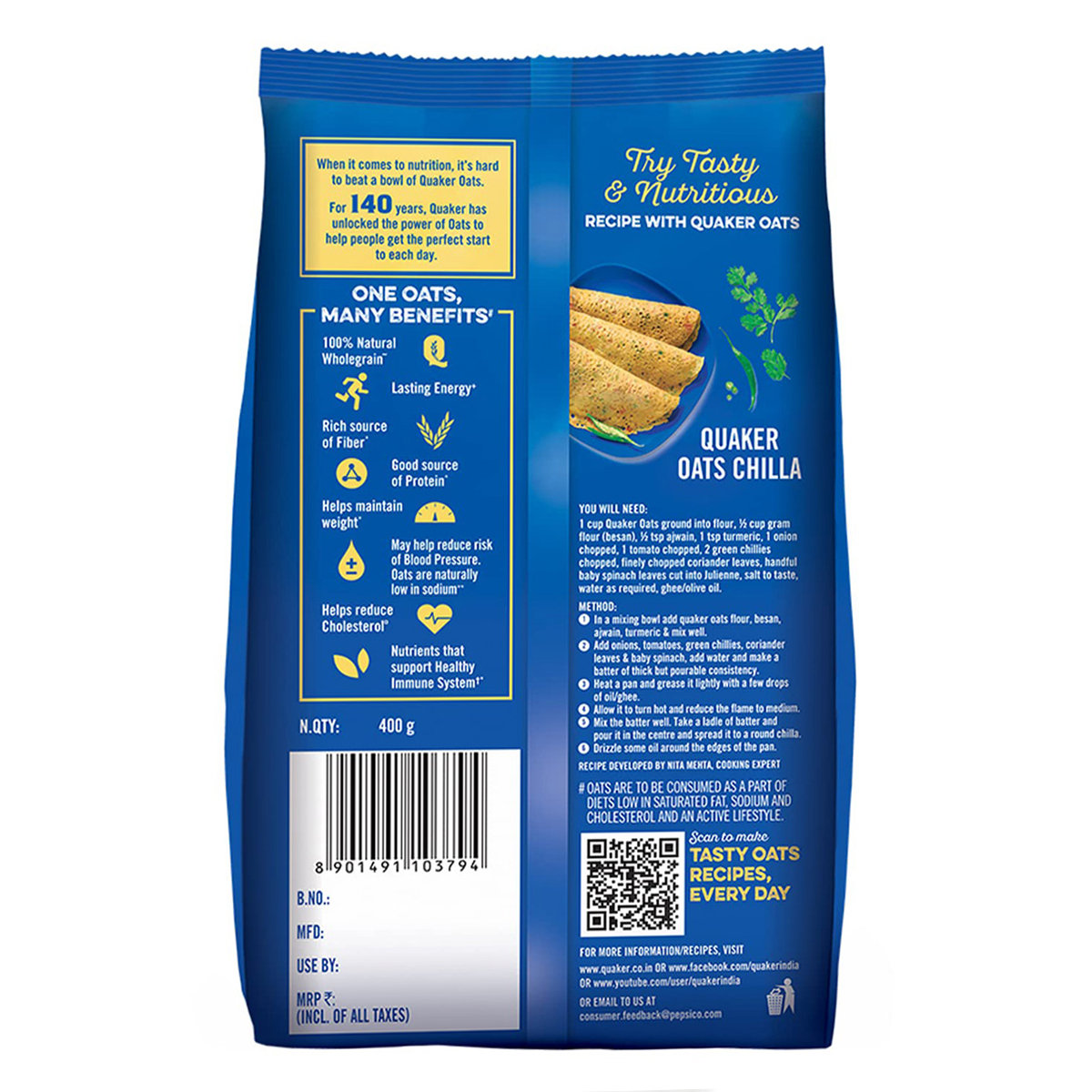 Quaker Oats, 400 gm Refill Pack, Pack of 1 Quaker Oats, 400 gm Refill Pack, Pack of 1