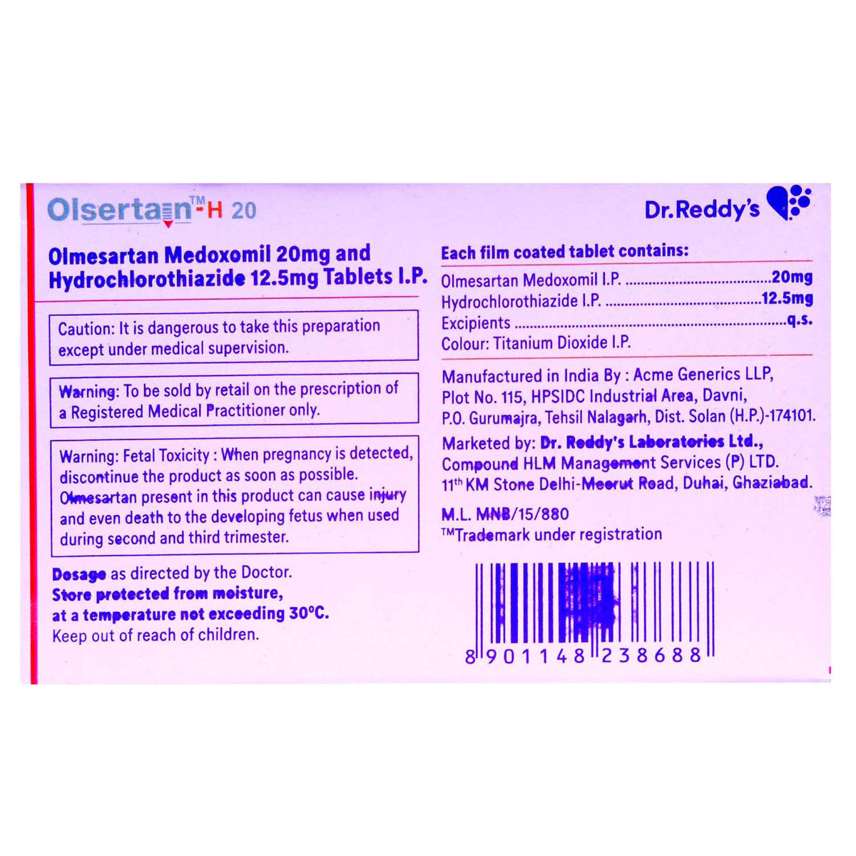 Olsertain-H 20 Tablet 15's, Pack of 15 TABLETS Olsertain-H 20 Tablet 15's, Pack of 15 TABLETS
