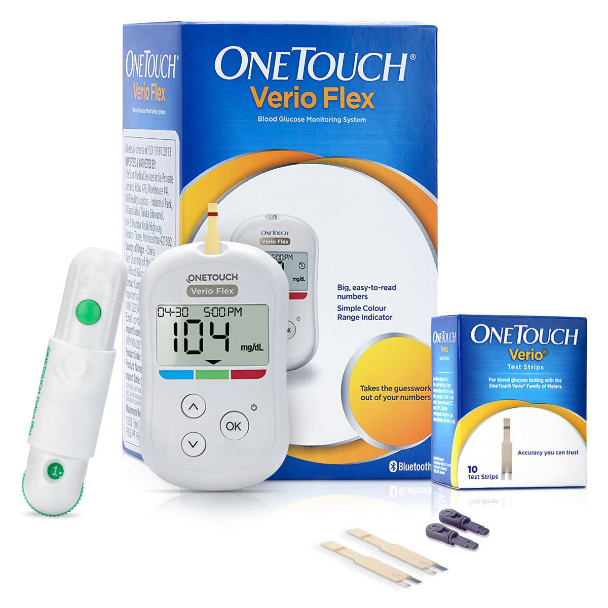 OneTouch Verio Flex Blood Glucose Monitor with OneTouch Reveal Mobile Application (FREE 10 Strips + Lancing device + 10 Lancets), 1 Kit, Pack of 1 OneTouch Verio Flex Blood Glucose Monitor with OneTouch Reveal Mobile Application (FREE 10 Strips + Lancing device + 10 Lancets), 1 Kit, Pack of 1
