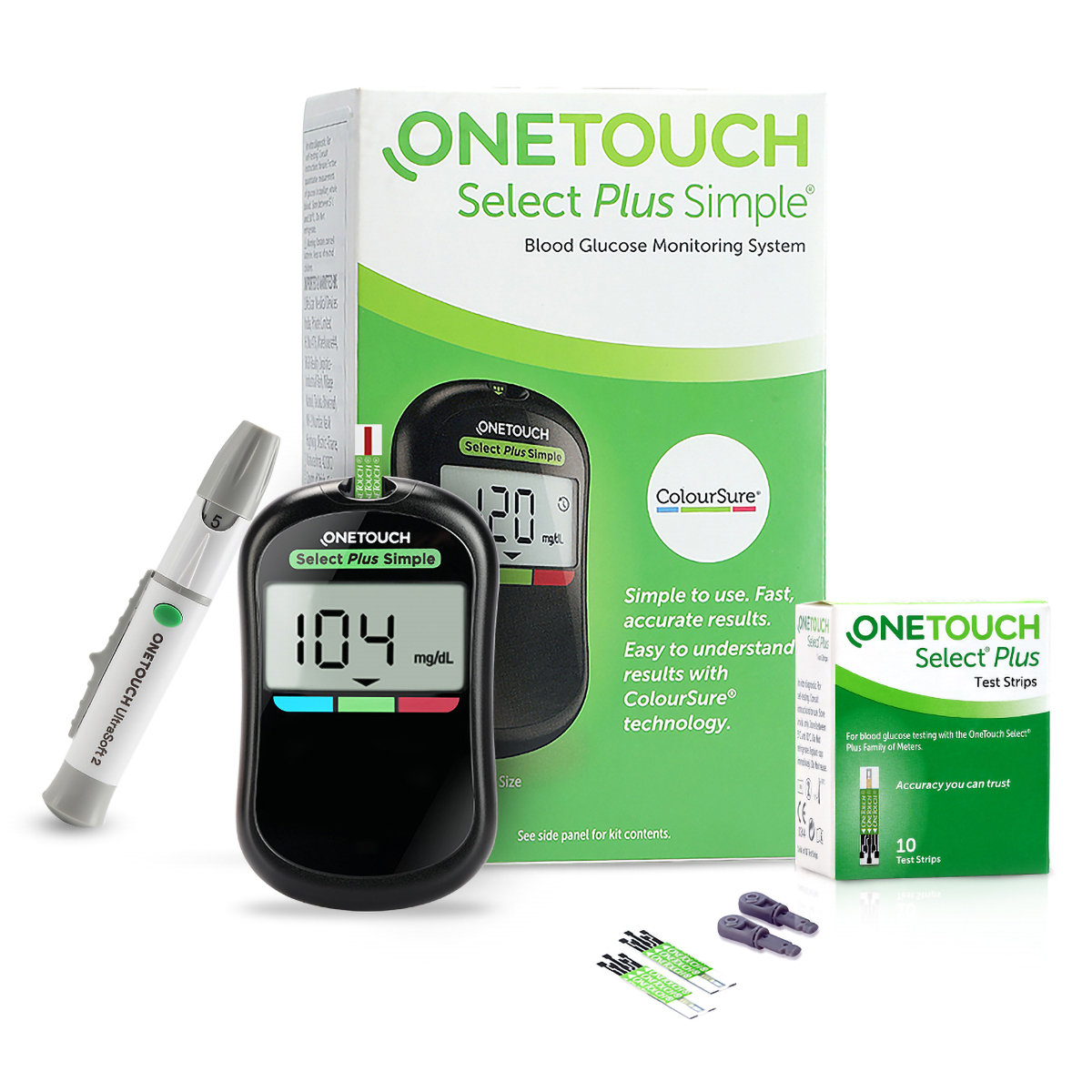 OneTouch Select Plus Simple Glucometer (Free 10 strips + Lancing Device + 25 Lancets), 1 Kit, Pack of 1 OneTouch Select Plus Simple Glucometer (Free 10 strips + Lancing Device + 25 Lancets), 1 Kit, Pack of 1