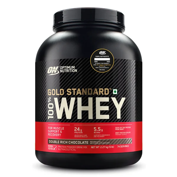 Optimum Nutrition (ON) Gold Standard 100% Whey Protein Double Rich Chocolate Flavour Powder, 2.27 kg, Pack of 1
