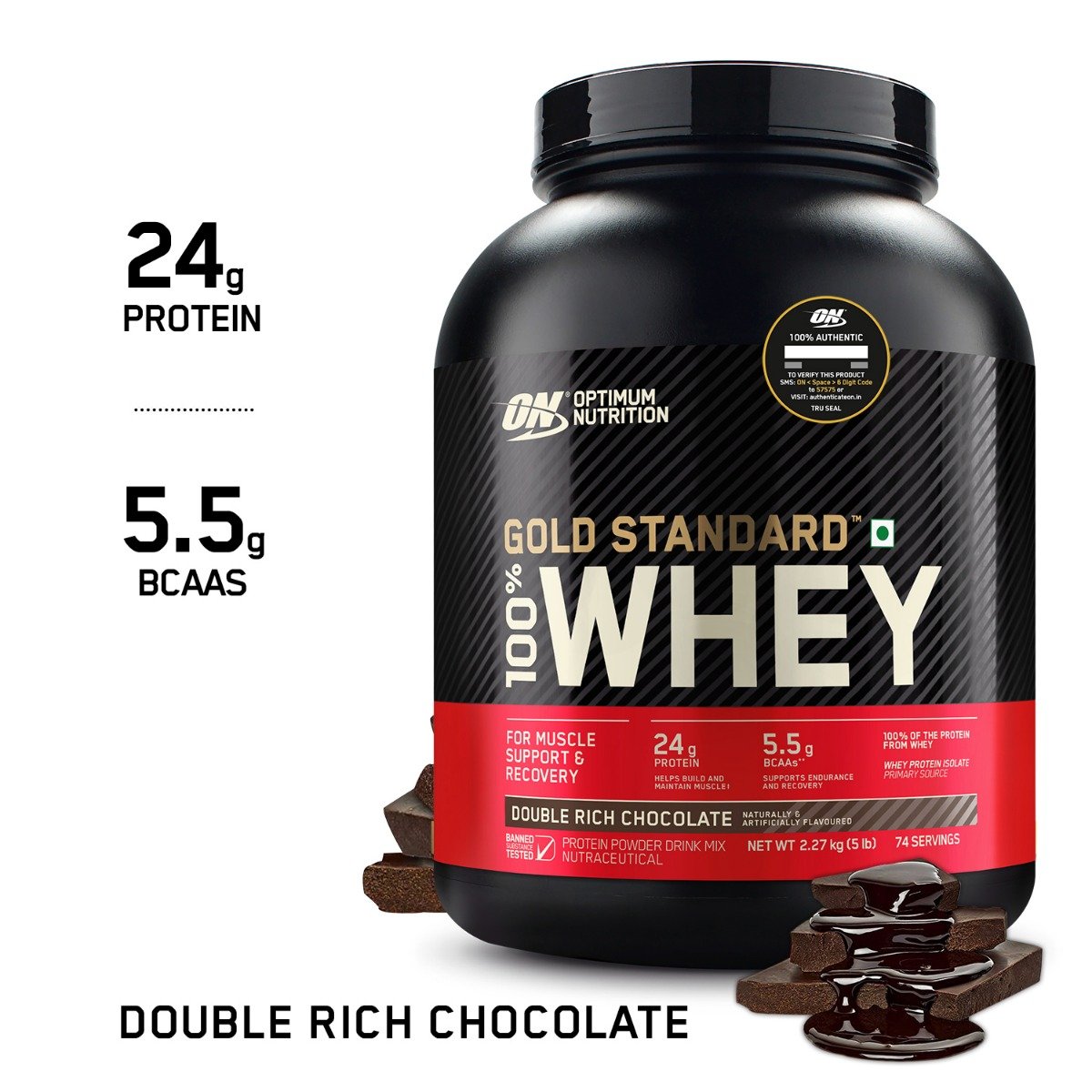 Optimum Nutrition (ON) Gold Standard 100% Whey Protein Double Rich Chocolate Flavour Powder, 2.27 kg, Pack of 1 Optimum Nutrition (ON) Gold Standard 100% Whey Protein Double Rich Chocolate Flavour Powder, 2.27 kg, Pack of 1