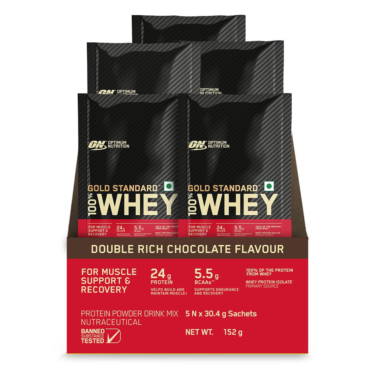 Optimum Nutrition (ON) Gold Standard 100% Whey Protein Double Rich Chocolate Flavour Powder, 5 Sachets x 30.4 gm, Pack of 1 Optimum Nutrition (ON) Gold Standard 100% Whey Protein Double Rich Chocolate Flavour Powder, 5 Sachets x 30.4 gm, Pack of 1