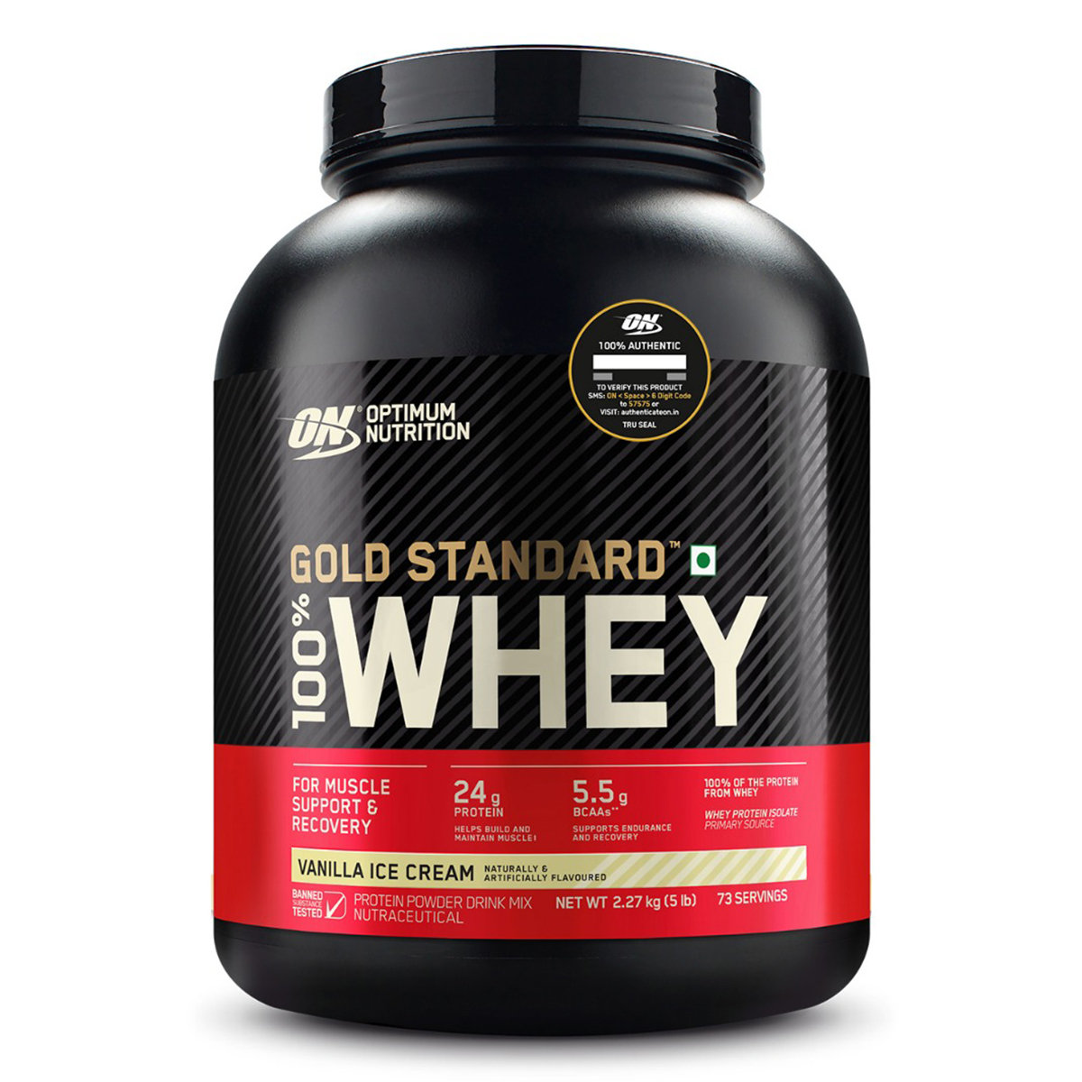Optimum Nutrition (ON) Gold Standard 100% Whey Protein Vanilla Ice Cream Flavour Powder, 2.27 kg, Pack of 1 Optimum Nutrition (ON) Gold Standard 100% Whey Protein Vanilla Ice Cream Flavour Powder, 2.27 kg, Pack of 1