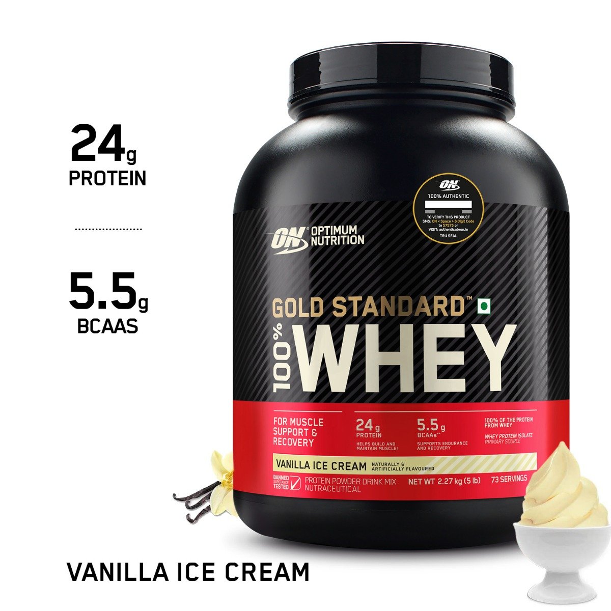 Optimum Nutrition (ON) Gold Standard 100% Whey Protein Vanilla Ice Cream Flavour Powder, 2.27 kg, Pack of 1 Optimum Nutrition (ON) Gold Standard 100% Whey Protein Vanilla Ice Cream Flavour Powder, 2.27 kg, Pack of 1