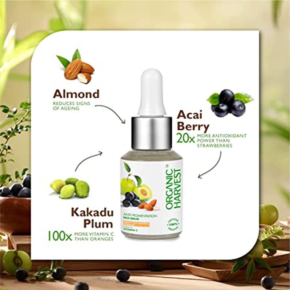 Organic Harvest Anti Pigmentation Serum 30 ml | With Vitamin C, Kakadu Plum, Acai Berry & Almond | Lightens Pigmentation | Hydrates Skin | 100% Certified Organic | For All Skin Type, Pack of 1 Organic Harvest Anti Pigmentation Serum 30 ml | With Vitamin C, Kakadu Plum, Acai Berry & Almond | Lightens Pigmentation | Hydrates Skin | 100% Certified Organic | For All Skin Type, Pack of 1