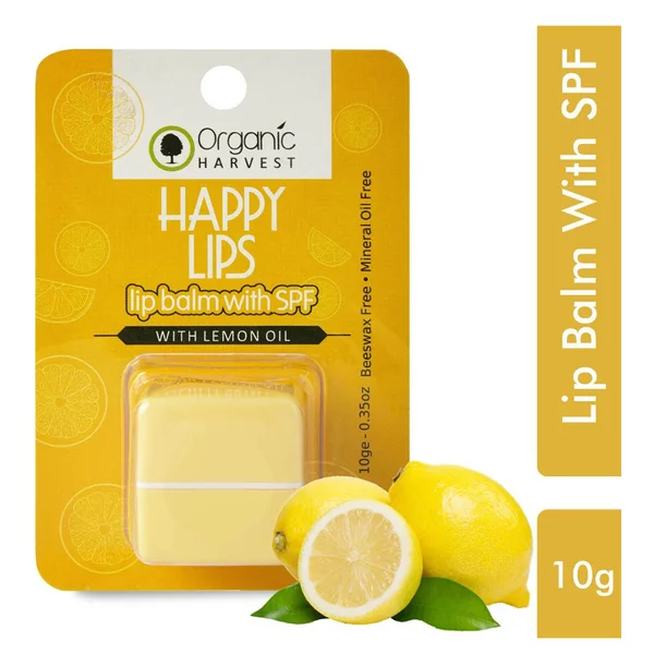 Organic Harvest Happy Lips Lemon Lip Balm With SPF 10gm | With Lemon Oil | Nourishes Dry, Chapped Lips | Provides Sun Protection To Lips, Pack of 1