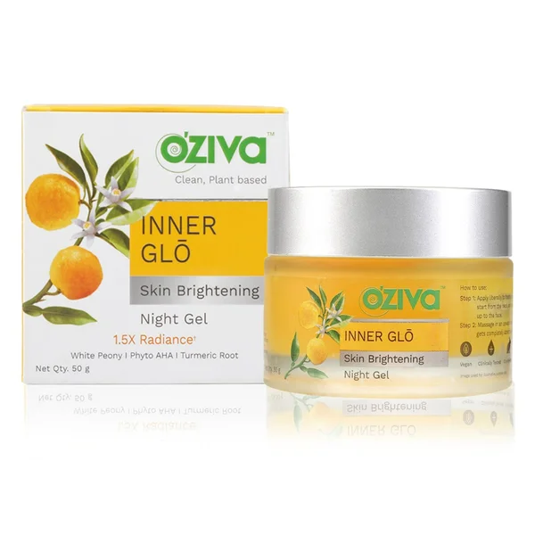 Oziva Inner Glo Skin Brightening Night Gel 50 gm | White Peony Extract, Phyto AHA, Turmeric Root | 1.5X Skin Radiance | Reduces Dark Spots | Gives Even Skin Tone | For Men &amp; Women | For All Skin Type, Pack of 1
