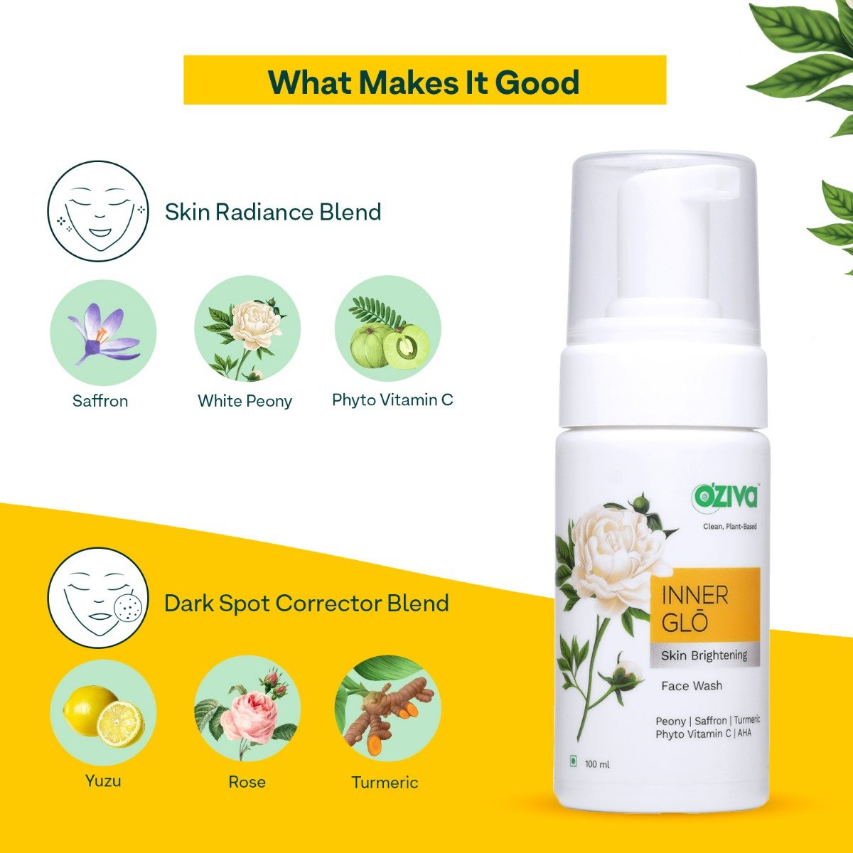 OZiva Inner Glo Skin Brightening Gel Face Wash 100 ml | White Peony Extract, Saffron, Turmeric, Phyto Vitamin C, AHA | Gentle Exfoliation | Increase Radiance | Gives Even Skin Tone | For Men & Women | For All Skin Type, Pack of 1 OZiva Inner Glo Skin Brightening Gel Face Wash 100 ml | White Peony Extract, Saffron, Turmeric, Phyto Vitamin C, AHA | Gentle Exfoliation | Increase Radiance | Gives Even Skin Tone | For Men & Women | For All Skin Type, Pack of 1