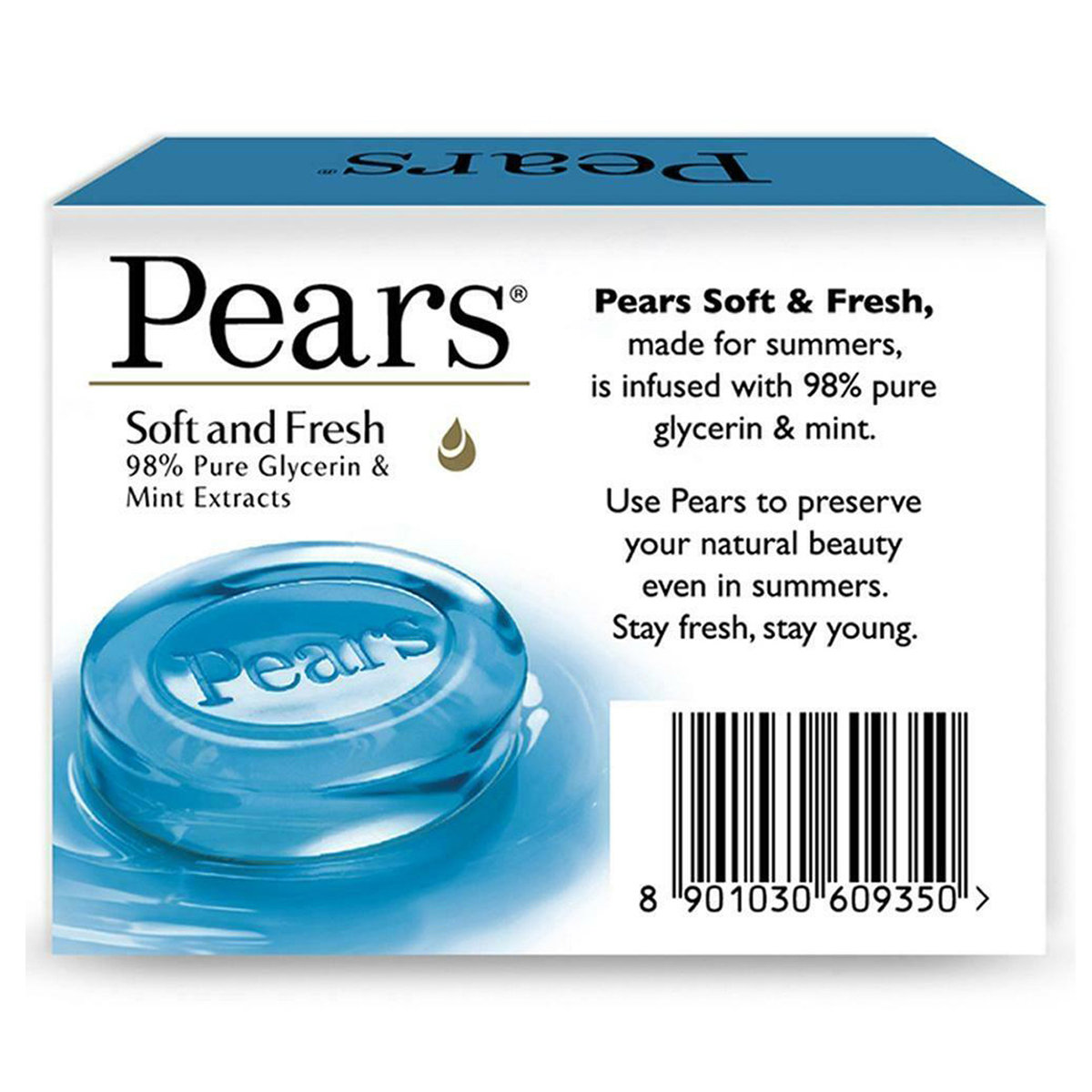 Pears Soft & Fresh Soap 125 gm | 98% Pure Glycerin & Mint Extract | Keeps Skin Refreshed & Moisturised During Harsh Summer, Pack of 1 Pears Soft & Fresh Soap 125 gm | 98% Pure Glycerin & Mint Extract | Keeps Skin Refreshed & Moisturised During Harsh Summer, Pack of 1