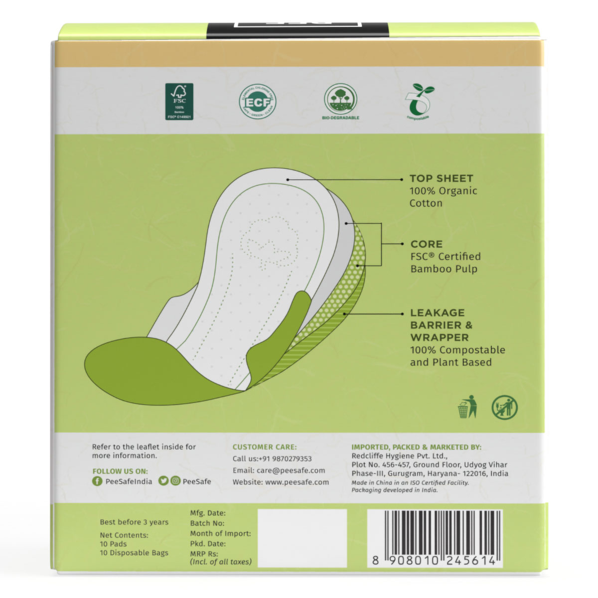 Pee Safe 100% Organic Cotton Biodegradable Regular Sanitary Pads, 10 Count, Pack of 1 Pee Safe 100% Organic Cotton Biodegradable Regular Sanitary Pads, 10 Count, Pack of 1