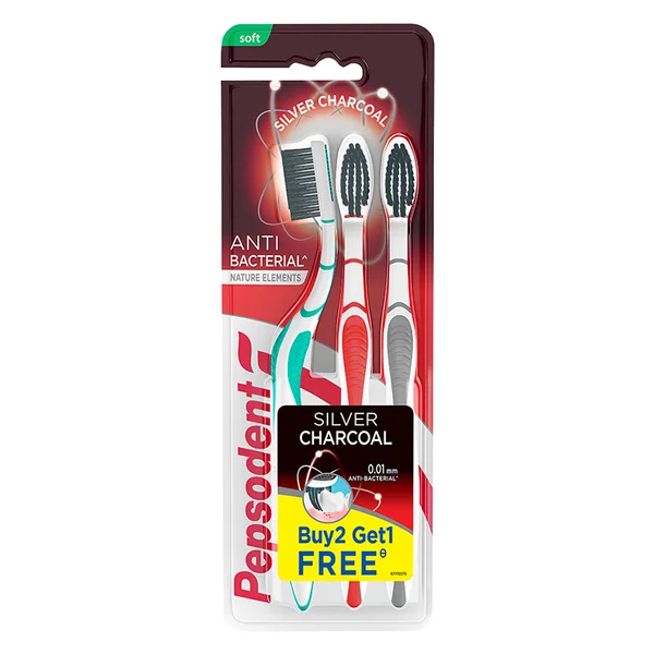 Pepsodent Silver Charcoal Anti Bacterial Soft Toothbrush, 3 Count (Buy 2, Get 1 Free), Pack of 1
