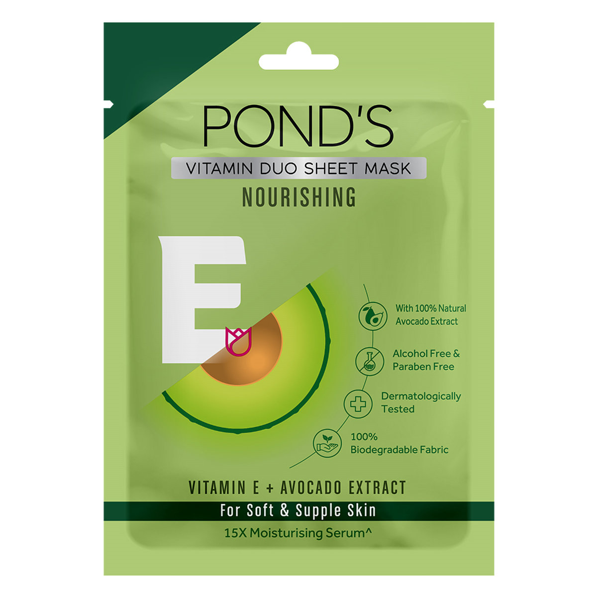 Pond's Nourishing Vitamin Duo Sheet Mask 25 ml | Vitamin E & Avacado | 15X Moisturising Serum | For Soft, Supple Skin, Pack of 1 Pond's Nourishing Vitamin Duo Sheet Mask 25 ml | Vitamin E & Avacado | 15X Moisturising Serum | For Soft, Supple Skin, Pack of 1