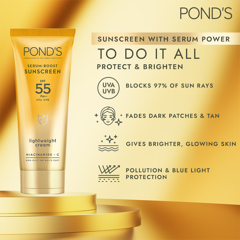 Pond's Serum Boost SPF 55 PA++ Lightweight Sunscreen cream, 50 gm, Pack of 1 Pond's Serum Boost SPF 55 PA++ Lightweight Sunscreen cream, 50 gm, Pack of 1