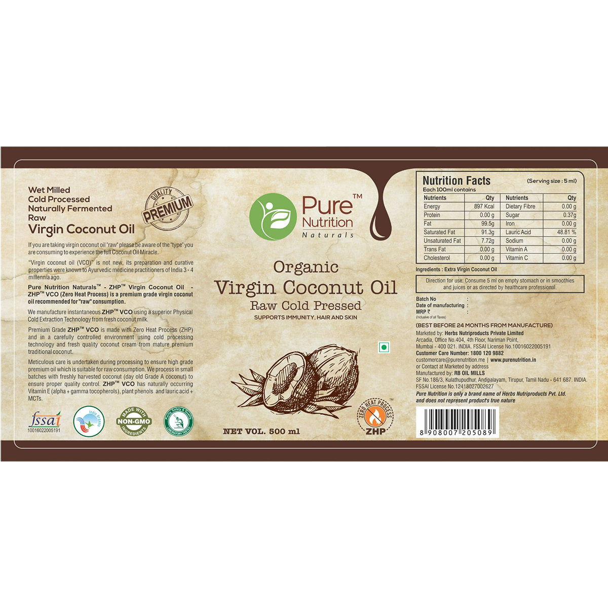 Pure Nutrition Organic Virgin Coconut Oil, 500 ml, Pack of 1 Pure Nutrition Organic Virgin Coconut Oil, 500 ml, Pack of 1