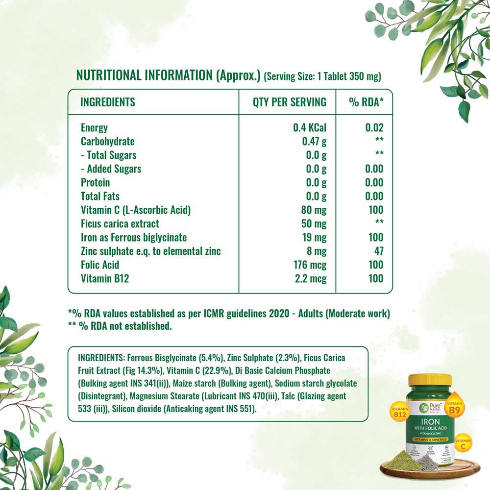 Pure Nutrition Iron with Folic Acid 350 mg, 60 Tablets, Pack of 1 Pure Nutrition Iron with Folic Acid 350 mg, 60 Tablets, Pack of 1