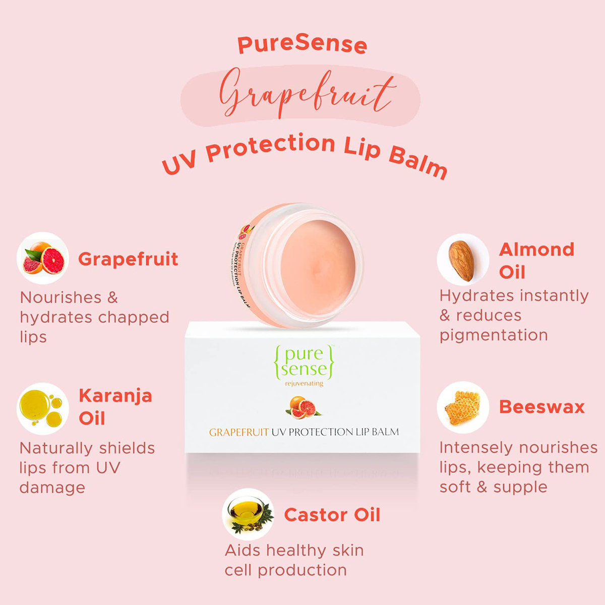 Pure Sense Rejuvenating Grapefruit UV Protection Lip Balm 5 gm | Sun Protection | Heals Chapped Lips | Gives Intensly Moisturised Lips | For All Skin Type, Pack of 1 Pure Sense Rejuvenating Grapefruit UV Protection Lip Balm 5 gm | Sun Protection | Heals Chapped Lips | Gives Intensly Moisturised Lips | For All Skin Type, Pack of 1