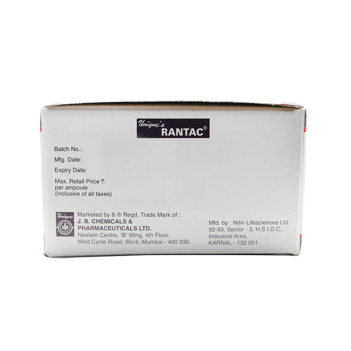 Rantac 50 mg Injection 5 x 2 ml, Pack of 5 InjectionS Rantac 50 mg Injection 5 x 2 ml, Pack of 5 InjectionS