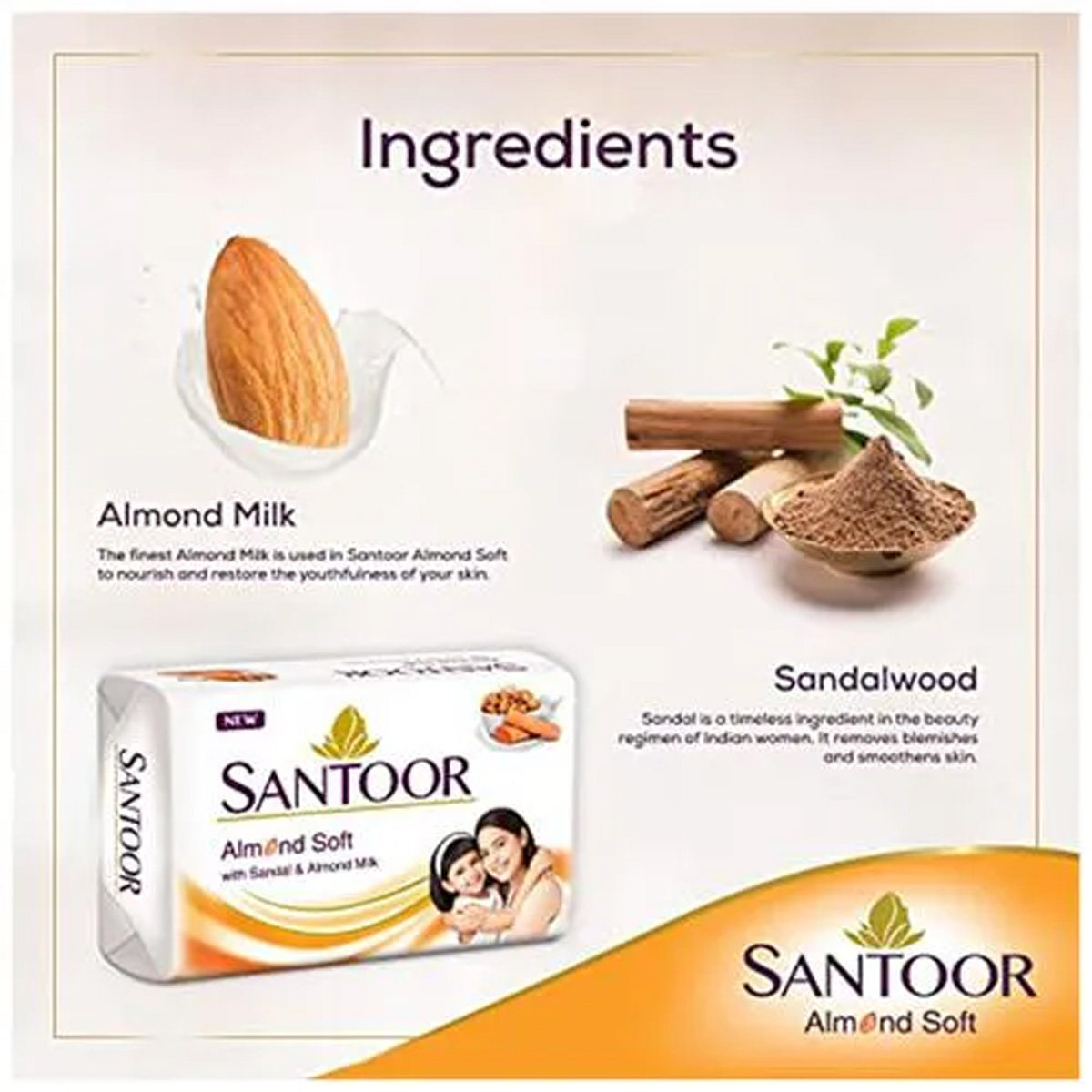Santoor Almond Soft Soap 100 gm | With Sandal & Almond Milk | For Soft, Smooth And Younger Looking Skin | For All Skin Type, Pack of 1 Santoor Almond Soft Soap 100 gm | With Sandal & Almond Milk | For Soft, Smooth And Younger Looking Skin | For All Skin Type, Pack of 1
