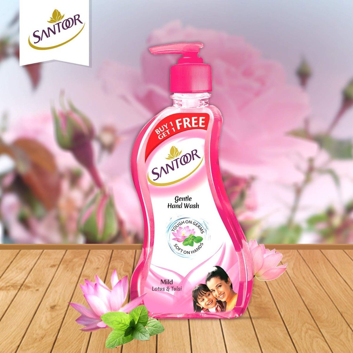 Santoor Gentle Mild Lotus & Tulsi Handwash, 200 ml Pump Bottle (Buy 1, Get 1 Free), Pack of 1 Santoor Gentle Mild Lotus & Tulsi Handwash, 200 ml Pump Bottle (Buy 1, Get 1 Free), Pack of 1