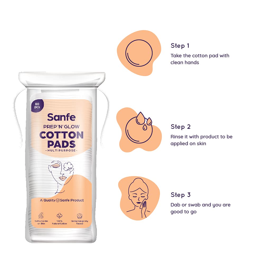 Sanfe Prep 'N' Glow Cotton Pads, 80 Count | 100% Natural Cotton | For Gentle Skin Cleansing | Multipurposes | Safe And Gentle On Skin, Pack of 1 Sanfe Prep 'N' Glow Cotton Pads, 80 Count | 100% Natural Cotton | For Gentle Skin Cleansing | Multipurposes | Safe And Gentle On Skin, Pack of 1