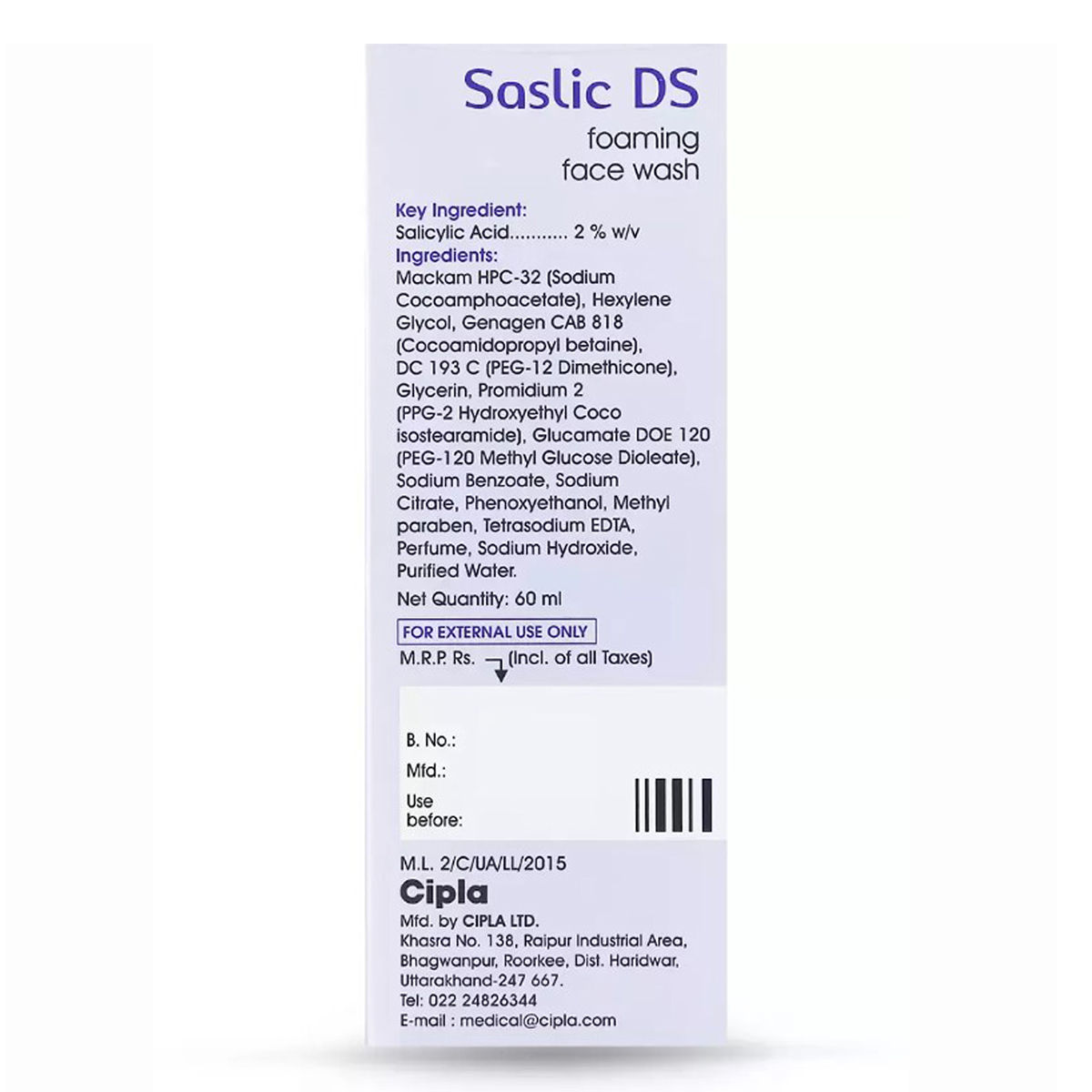 Cipla Saslic DS Foaming Face Wash 60 ml | Salicylic Acid | pH 5.5 | Gentle Cleansing | For Oily & Pimple Prone Skin, Pack of 1 Cipla Saslic DS Foaming Face Wash 60 ml | Salicylic Acid | pH 5.5 | Gentle Cleansing | For Oily & Pimple Prone Skin, Pack of 1
