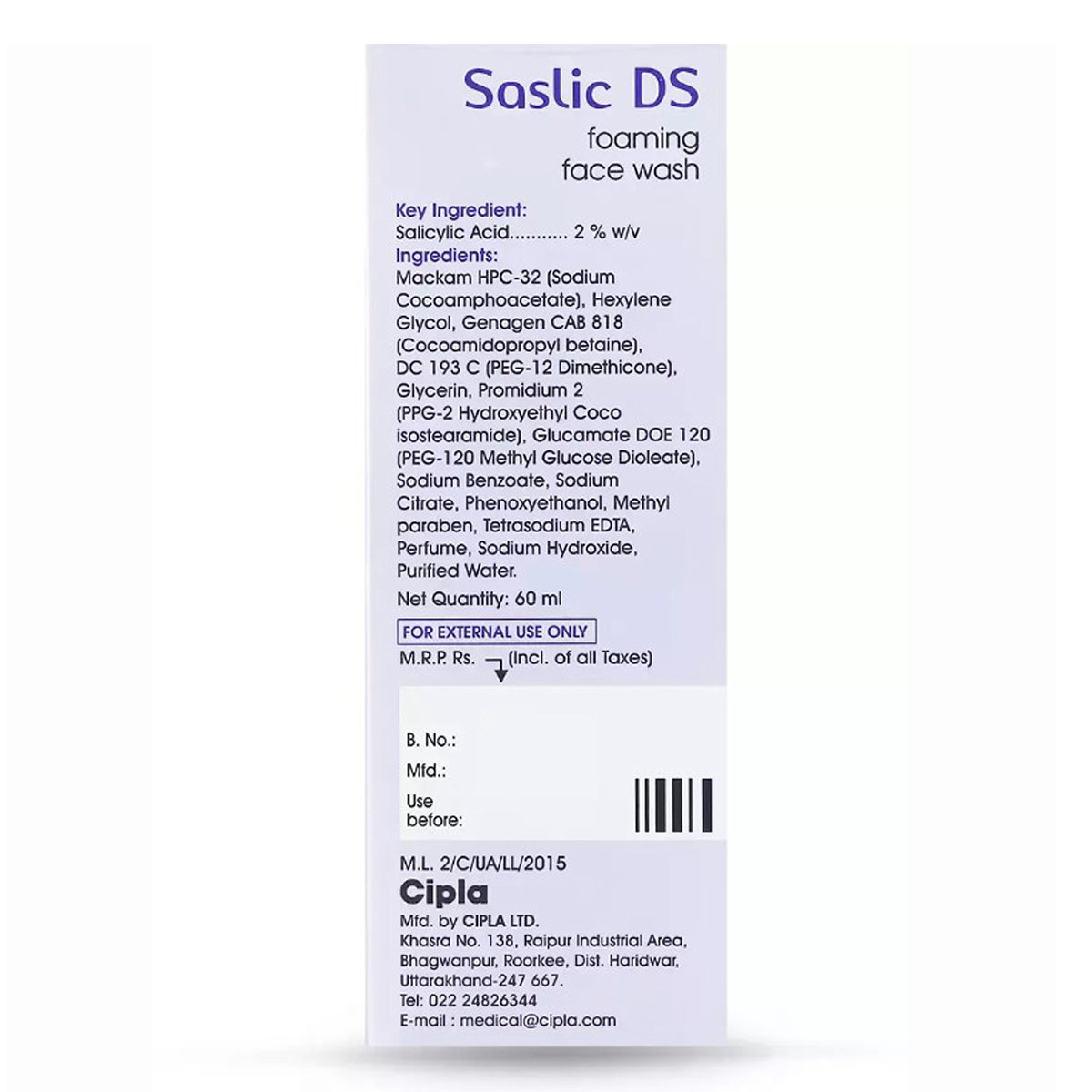 Cipla Saslic DS Foaming Face Wash 60 ml | Salicylic Acid | pH 5.5 | Gentle Cleansing | For Oily & Pimple Prone Skin, Pack of 1 Cipla Saslic DS Foaming Face Wash 60 ml | Salicylic Acid | pH 5.5 | Gentle Cleansing | For Oily & Pimple Prone Skin, Pack of 1