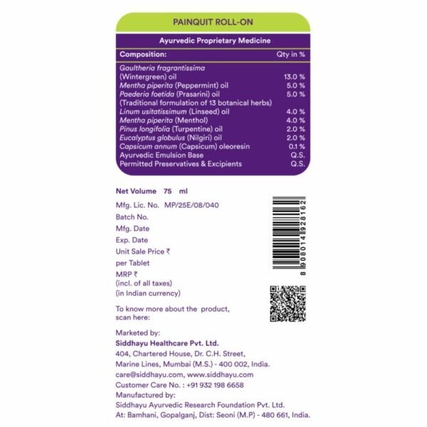 Siddhayu Painquit Natural Pain Relief Roll-On, 75 ml, Pack of 1 Siddhayu Painquit Natural Pain Relief Roll-On, 75 ml, Pack of 1