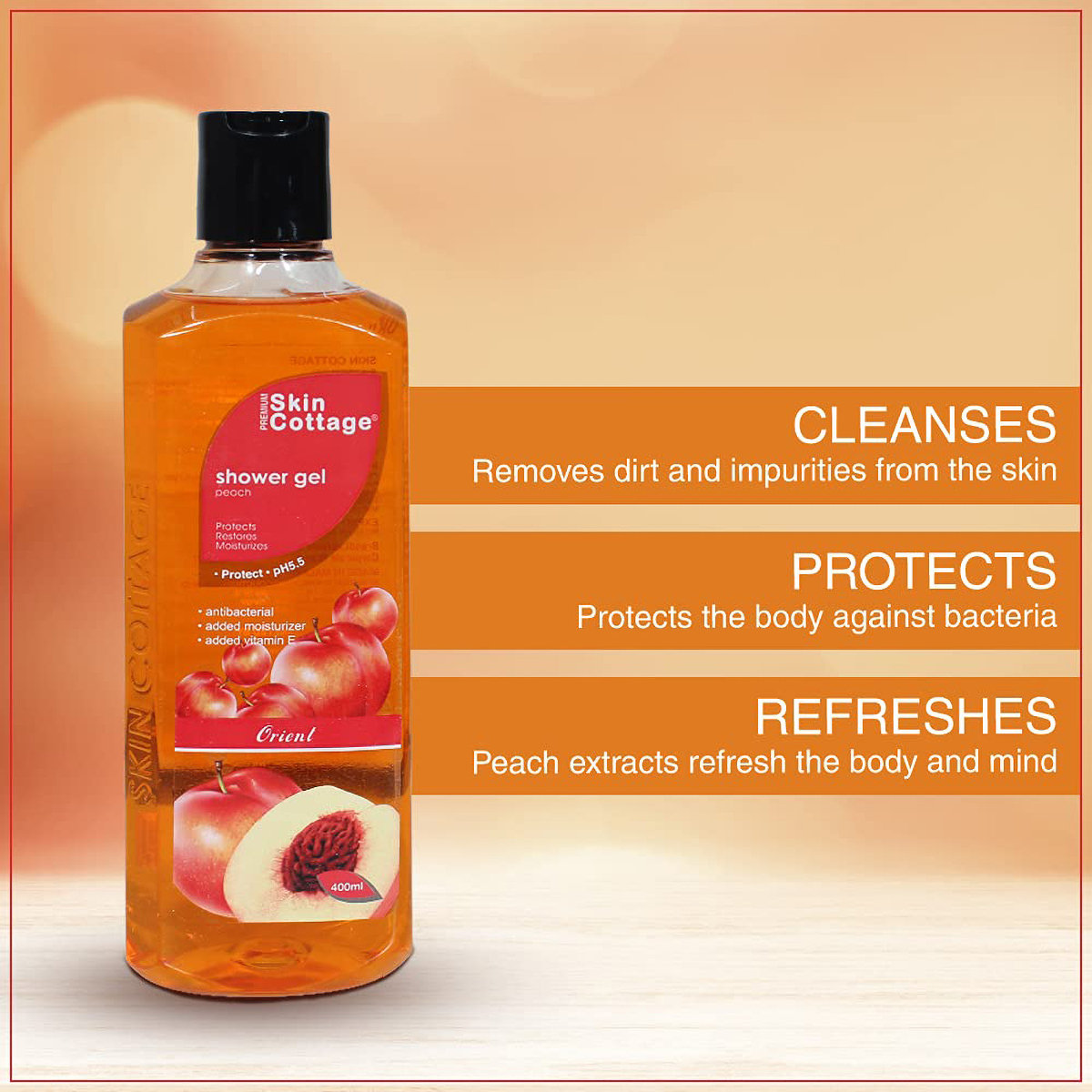 Skin Cottage Peach Shower Gel 400 ml | With Vitamin E & Moisturzers | Gently Cleanses & Moisturises Skin | Protects Against Bacteria | Refreshing Peach Fragrance | pH 5.5, Pack of 1 Skin Cottage Peach Shower Gel 400 ml | With Vitamin E & Moisturzers | Gently Cleanses & Moisturises Skin | Protects Against Bacteria | Refreshing Peach Fragrance | pH 5.5, Pack of 1