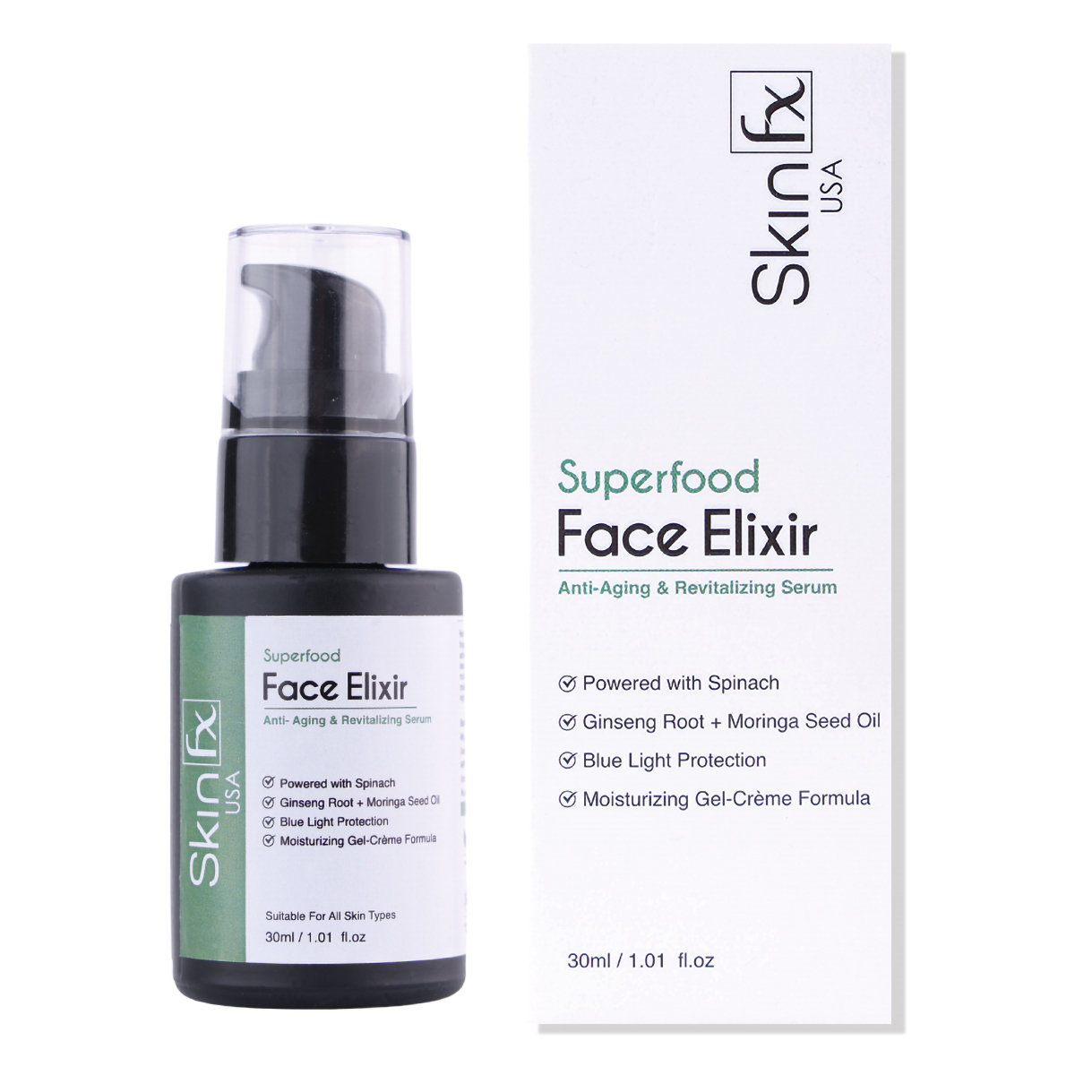 Skin Fx Face Elixir Anti-Aging & Revitalizing Serum 30 ml | Spinach, Ginseng Root & Moringa Seed Oil | For 72 Hr Moisturization & Hydration | Blue Light Protection | Gel-Crème Formula | For Men & Women | For All Skin Type, Pack of 1 Skin Fx Face Elixir Anti-Aging & Revitalizing Serum 30 ml | Spinach, Ginseng Root & Moringa Seed Oil | For 72 Hr Moisturization & Hydration | Blue Light Protection | Gel-Crème Formula | For Men & Women | For All Skin Type, Pack of 1