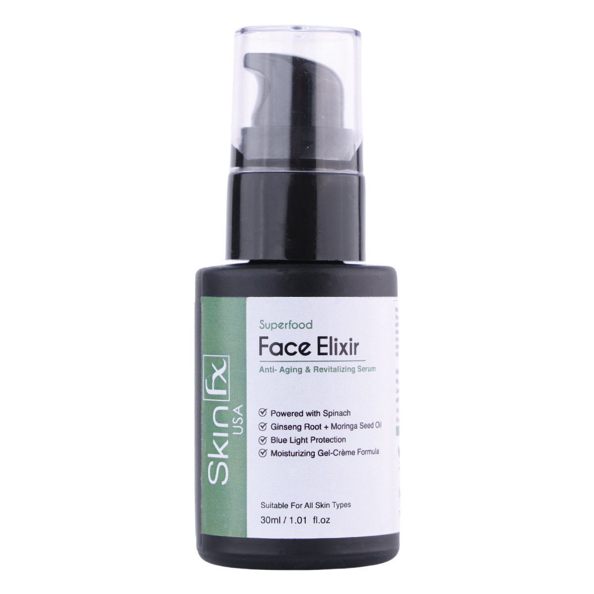 Skin Fx Face Elixir Anti-Aging & Revitalizing Serum 30 ml | Spinach, Ginseng Root & Moringa Seed Oil | For 72 Hr Moisturization & Hydration | Blue Light Protection | Gel-Crème Formula | For Men & Women | For All Skin Type, Pack of 1 Skin Fx Face Elixir Anti-Aging & Revitalizing Serum 30 ml | Spinach, Ginseng Root & Moringa Seed Oil | For 72 Hr Moisturization & Hydration | Blue Light Protection | Gel-Crème Formula | For Men & Women | For All Skin Type, Pack of 1