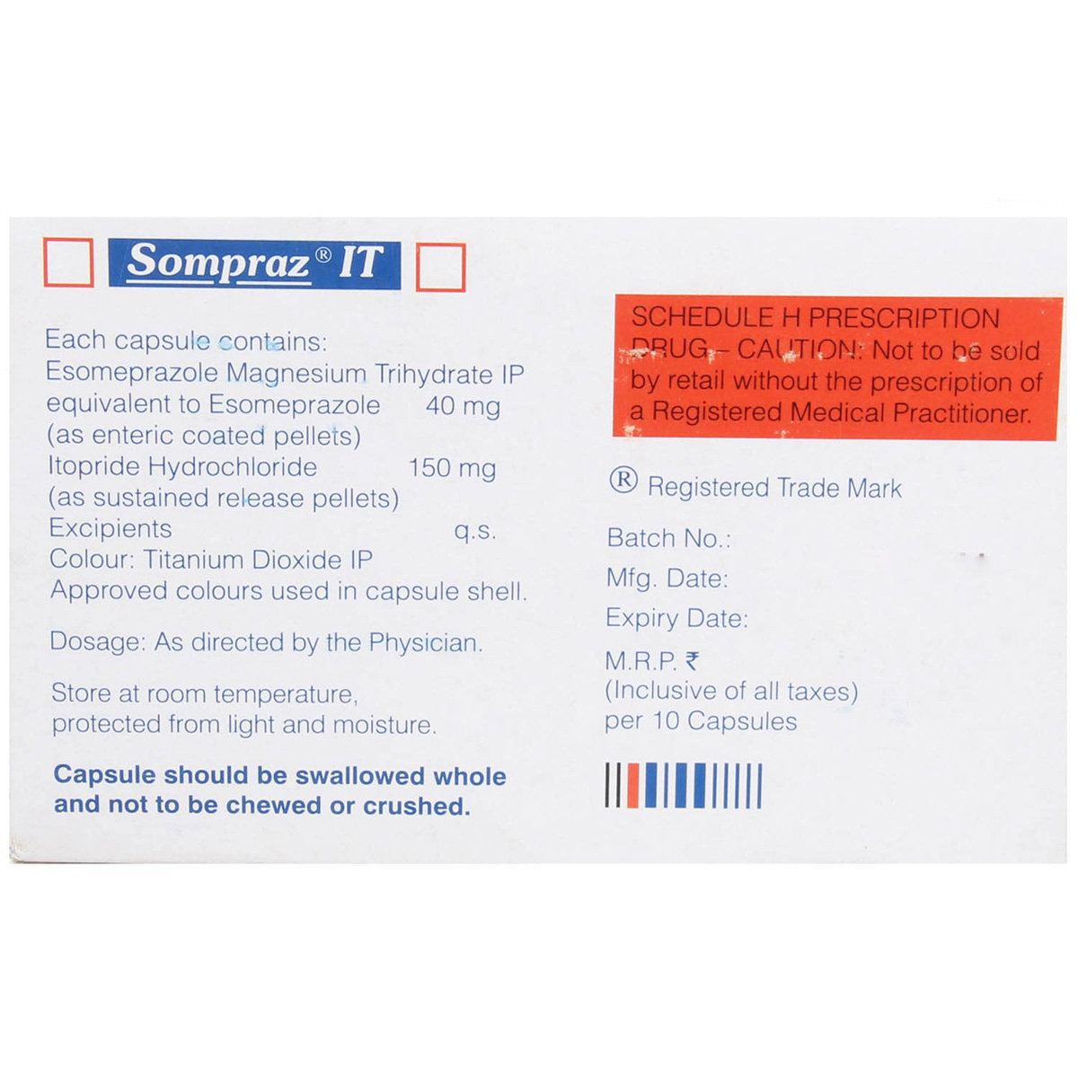 Sompraz IT Capsule 10's, Pack of 10 CAPSULES Sompraz IT Capsule 10's, Pack of 10 CAPSULES