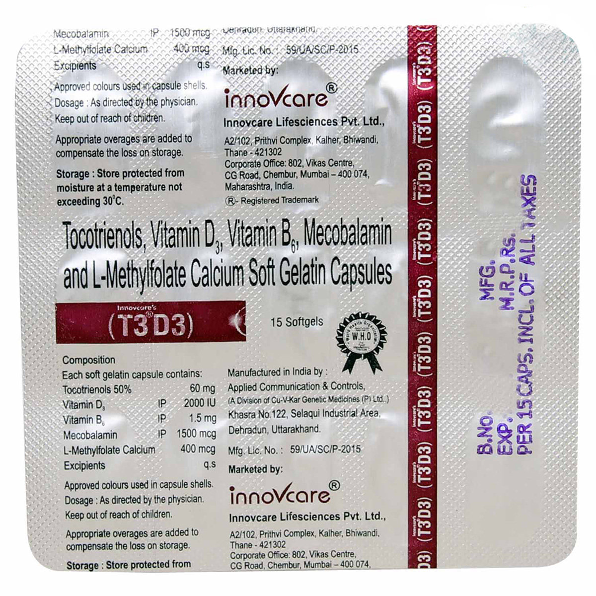 Innovcare's T3 D3 Capsule 15's, Pack of 15 Innovcare's T3 D3 Capsule 15's, Pack of 15