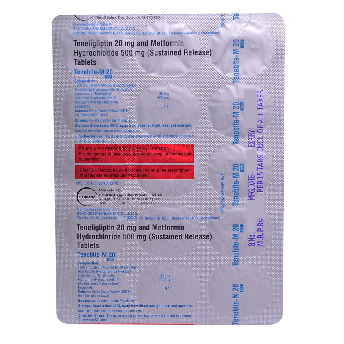Tenebite-M 20 mg/500 mg Tablet 15's, Pack of 15 TABLETS Tenebite-M 20 mg/500 mg Tablet 15's, Pack of 15 TABLETS