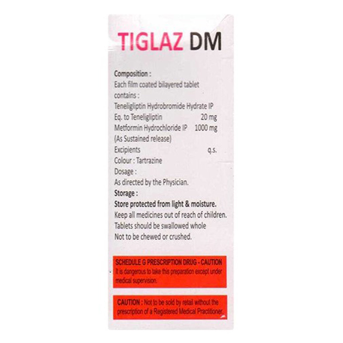 Tiglaz DM 20 mg/1000 mg Tablet 15's, Pack of 15 TABLETS Tiglaz DM 20 mg/1000 mg Tablet 15's, Pack of 15 TABLETS
