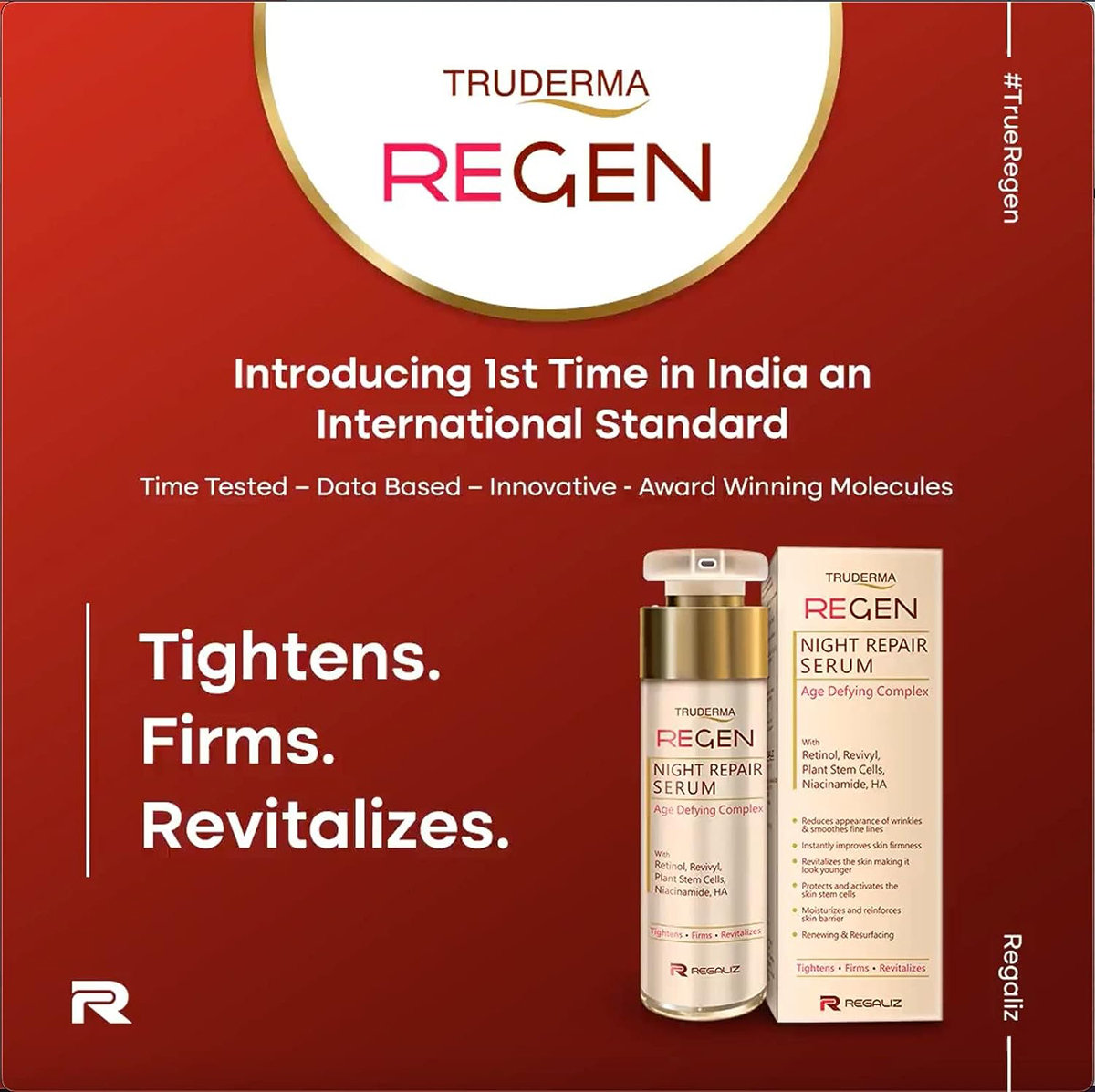 Truderma Regen Night Repair Serum 50 ml | With Retinol, Revivyl, Plant Stem Cells, Niacinamide, HA | Reduces Fine Lines & Wrinkles | Helps In Skin Tightening & Firming, Pack of 1 Truderma Regen Night Repair Serum 50 ml | With Retinol, Revivyl, Plant Stem Cells, Niacinamide, HA | Reduces Fine Lines & Wrinkles | Helps In Skin Tightening & Firming, Pack of 1