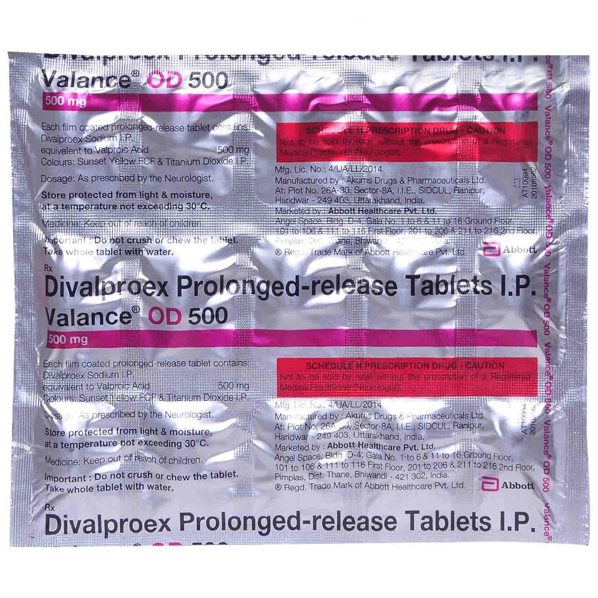 Valance OD 500 mg Tablet 15's, Pack of 15 TABLETS Valance OD 500 mg Tablet 15's, Pack of 15 TABLETS