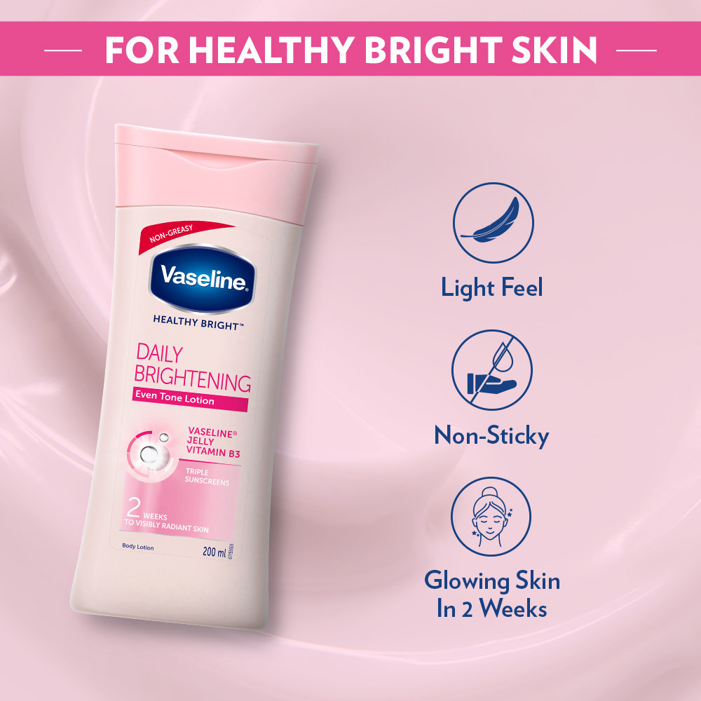 Vaseline Healthy Bright Daily Brightening Body Lotion 200 ml | With Vitamin B3 & Triple Sunscreens | Gives Radiant Looking Skin In 2 Weeks | Light & Non Greasy Formula, Pack of 1 Vaseline Healthy Bright Daily Brightening Body Lotion 200 ml | With Vitamin B3 & Triple Sunscreens | Gives Radiant Looking Skin In 2 Weeks | Light & Non Greasy Formula, Pack of 1