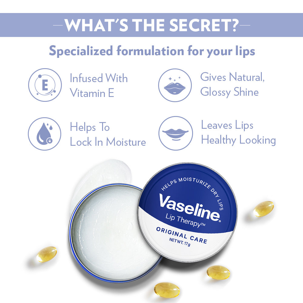 Vaseline Lip Therapy Original Lip Balm 17 gm | Infused With Vitamin E | Hydrates & Moisturises Dry Lips Everyday | Give Natural & Glossy Shine, Pack of 1 Vaseline Lip Therapy Original Lip Balm 17 gm | Infused With Vitamin E | Hydrates & Moisturises Dry Lips Everyday | Give Natural & Glossy Shine, Pack of 1