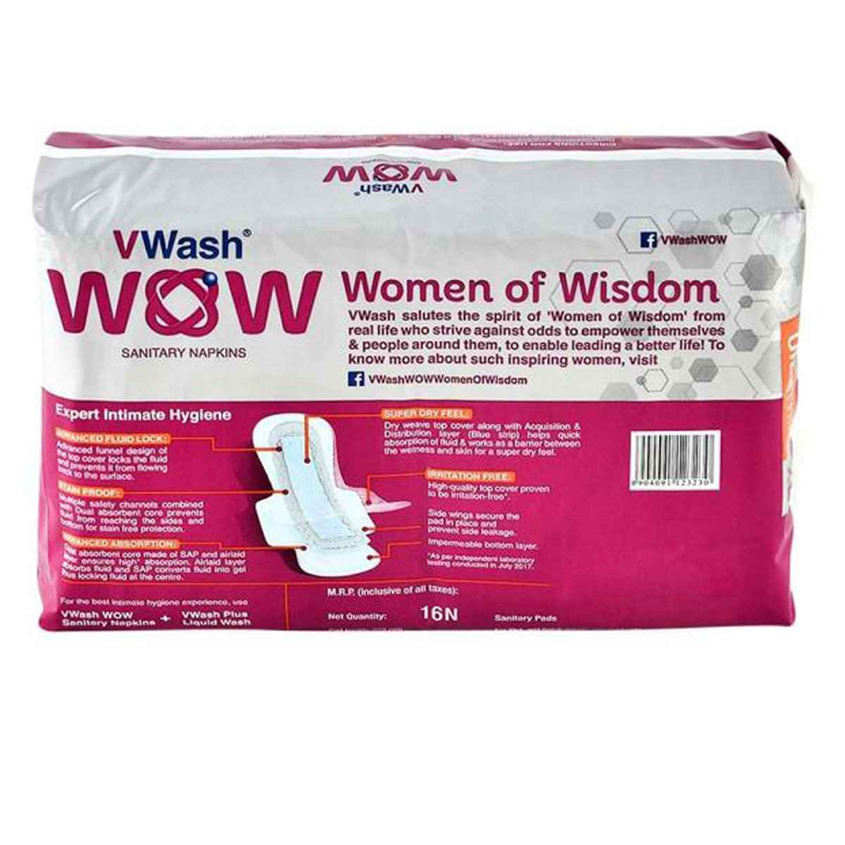 VWash Wow Ultra Thin Sanitary Napkins,XL, 16 Count, Pack of 1 VWash Wow Ultra Thin Sanitary Napkins,XL, 16 Count, Pack of 1