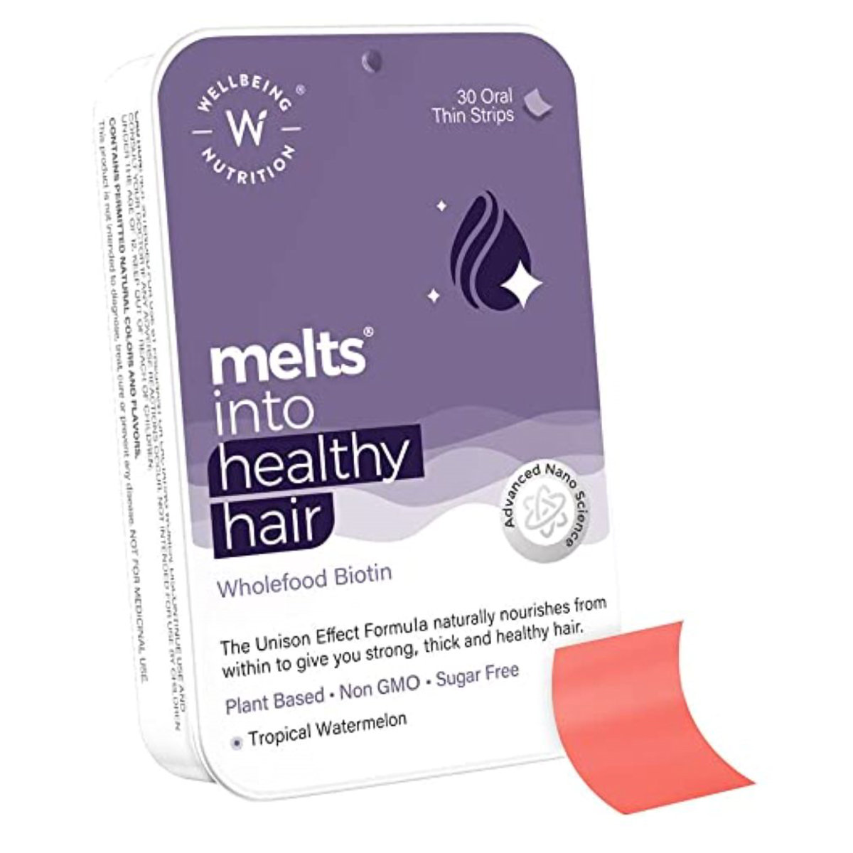 Wellbeing Nutrition Melts Into Healthy Hair Wholefood Biotin Sugar Free, 30 Strips, Pack of 1 Wellbeing Nutrition Melts Into Healthy Hair Wholefood Biotin Sugar Free, 30 Strips, Pack of 1