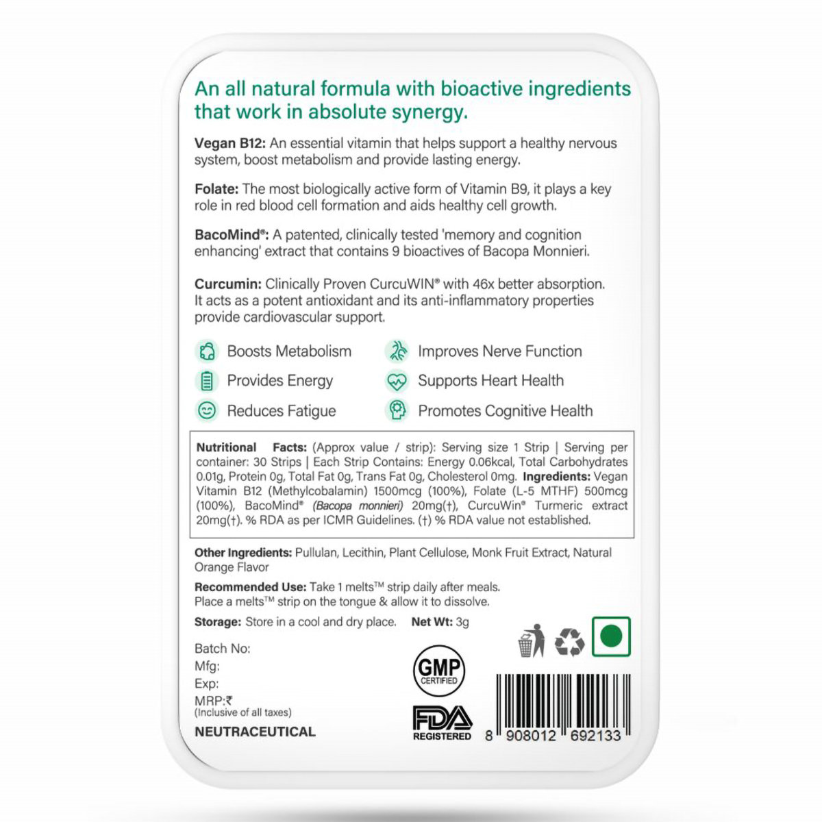 Wellbeing Nutrition Melts Into Vegan Vitamin B12 + Folate Orange Mint Flavour, 30 Strips, Pack of 1 Wellbeing Nutrition Melts Into Vegan Vitamin B12 + Folate Orange Mint Flavour, 30 Strips, Pack of 1