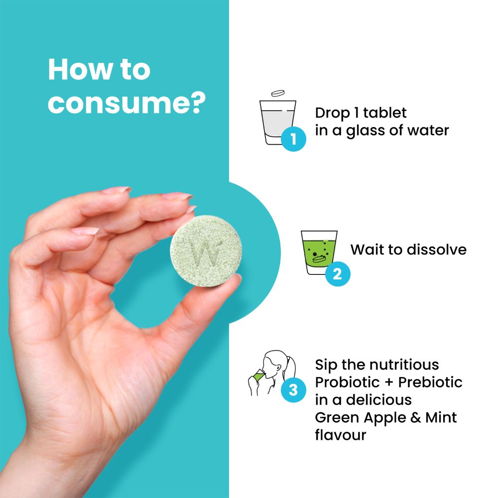 Wellbeing Nutrition Probiotic + Prebiotic Green Apple & Peppermint Flavour, 21 Effervescent Tablets, Pack of 1 Wellbeing Nutrition Probiotic + Prebiotic Green Apple & Peppermint Flavour, 21 Effervescent Tablets, Pack of 1