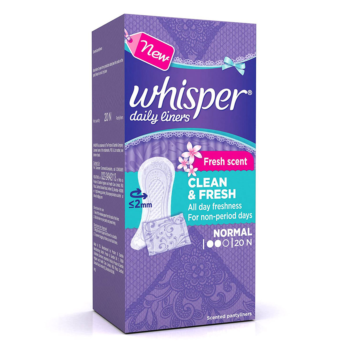 Whisper Clean & Fresh Daily Liners Normal, 20 Count, Pack of 1 Whisper Clean & Fresh Daily Liners Normal, 20 Count, Pack of 1